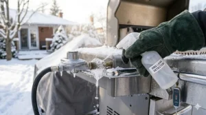 Hand performing a soapy water leak test on BBQ gas connections during a cold Canadian morning.