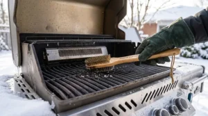 Close-up of cleaning cast iron grill grates with a brush before winter storage in Canada.