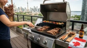 Illustration of a space-saving 2 burner gas grill perfectly fitted on a small condo balcony.