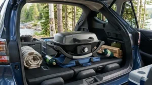 Illustration of a compact portable gas BBQ for camping, perfect for packing into a hatchback or SUV.