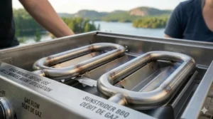 Close-up illustration of rust-resistant stainless steel burners designed for Canadian winters.