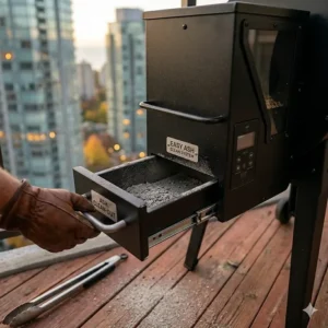 Illustration showing the simple ash clean-out system of a value-priced pellet smoker for low maintenance.