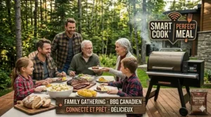 Alt text for image 8: Stylized illustration of a multi-generational Canadian family enjoying a meal prepared on a WiFi-enabled smoker.