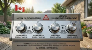 Detailed configuration of gas BBQ burners including side burners, infrared sear stations, and rotisserie burners.