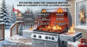 A modern stainless steel gas BBQ on a suburban Canadian patio with a scenic backyard view and a Canadian flag.