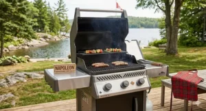 A gas grill displayed with bilingual Canadian signage reading "Gas Grill" and "Barbecue au gaz" for under $500.