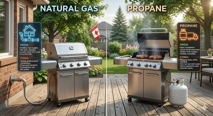 Infographic explaining BTU heat output ratings for gas grills to handle freezing Canadian winters. gas BBQ buying guide