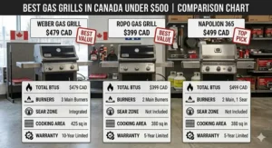 Close-up of a steak searing on a gas grill under $500, highlighting the high-heat sear zone feature.