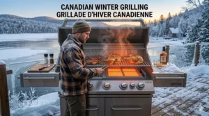 A Canadian griller using an infrared gas grill in the snow, highlighting the burner's ability to maintain high searing temperatures in cold climates.