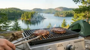 Illustration of Canadian AAA beef steaks searing on a high-heat 2 burner gas grill.