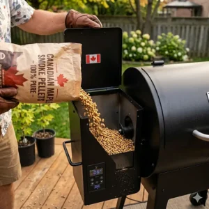 Close-up of 100% natural maple and hickory wood pellets being poured into a budget-friendly smoker hopper.