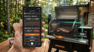 Alt text for image 2: Smartphone app interface controlling a WiFi pellet grill temperature remotely from a cozy Canadian living room.