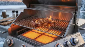 Close-up of a steak searing on an infrared gas grill burner, showing the intense heat glow and professional grill marks.