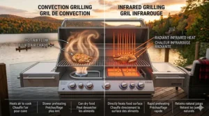 Technical diagram comparing infrared gas grill radiant heat versus traditional convection heat, labeled in English and French for Canadian consumers.