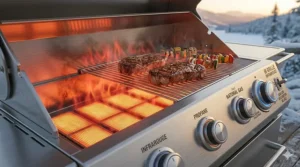 Overhead view of an infrared gas grill showing even heat distribution and the prevention of flare-ups on a wooden patio.