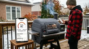 An insulated thermal blanket on a WiFi pellet smoker to maintain consistent cooking temperatures during a Canadian winter.