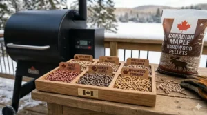 An array of hardwood pellets including Canadian maple and hickory used in the best pellet smoker for authentic flavor.