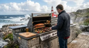 A photorealistic 4K detailed photograph capturing Illustration 8 of the marine-grade built-in gas BBQ, set within the custom stone outdoor kitchen island from image_0.png. The scene is on a rugged, exposed coastal patio overlooking a wild Atlantic Ocean view in Nova Scotia, Canada, under bright, salty-air natural daylight with dramatic white clouds. The specific stainless steel built-in gas BBQ, with its lid open revealing grilling salmon and steaks and glowing control knobs, is integrated into the grey fieldstone island. A clear, laser-etched metal label is affixed to the BBQ's lower stainless steel frame, reading: "MARINE-GRADE 316 STAINLESS STEEL - SALT SPRAY RESISTANT - COASTAL CANADA CERTIFIED." The man from image_0.png, wearing a weathered waxed canvas jacket over his plaid shirt, is actively grilling. The background features crashing waves, rugged cliffs, and a small Canadian flag and Fleur-de-lys visible in the distance. Sea spray mist and salt residue are visible on the surfaces and surrounding native plants. High detail on all textures, shot from a similar angle.