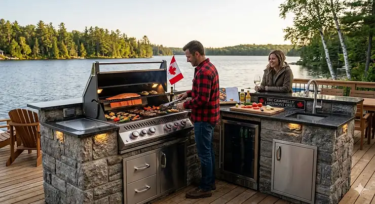 A photorealistic 4K detailed photograph captures a custom built-in gas BBQ on a natural granite stone island overlooking a large, calm lake in Muskoka, Ontario. A man in a red and black plaid shirt is grilling salmon and steaks, while a woman in a beige jacket holds a glass of wine and laughs. The setting sun casts a warm, golden glow on the stainless steel, wood deck, and background forest.