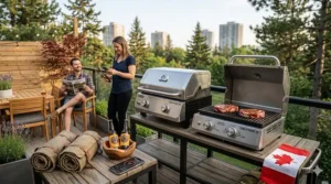 A cozy patio setup featuring a sleek 2 burner gas grill next to outdoor furniture.