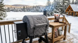 Illustration of a pellet smoker with a thermal insulation blanket for consistent performance in Canadian sub-zero temperatures.