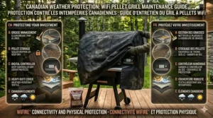 Alt text for image 7: Maintenance guide illustration for protecting a WiFi pellet grill from Canadian rain and humidity with a heavy-duty cover.