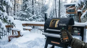 Alt text for image 3: Illustration of a WiFi pellet grill operating efficiently in Canadian winter snow with high-temp insulation.