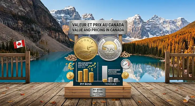 A side-by-side photorealistic comparison of a Pit Boss Navigator and a Traeger Ironwood pellet grill on a wooden deck overlooking a scenic Canadian mountain range and Moraine Lake. Pit Boss vs Traeger Canada