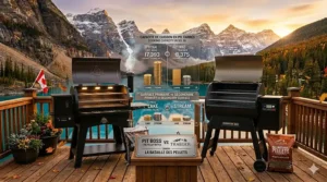 Photorealistic thermal map illustration comparing heat distribution and precise temperature control between a Pit Boss and a Traeger wood pellet grill.