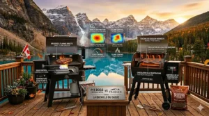 Illustration showcasing the multiple cooking modes and versatility of Pit Boss and Traeger pellet grills, including smoking, baking, and roasting.