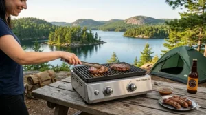A portable 2 burner gas grill being used by campers in a Canadian provincial park setting.