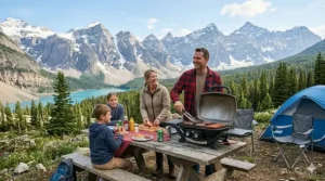 Flat lay illustration of a portable gas BBQ setup with a backdrop of the Canadian Rockies and pine trees.