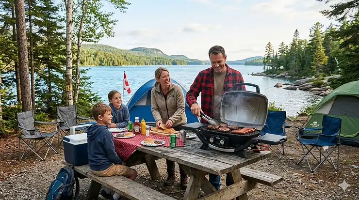 A family using a portable gas BBQ while camping at a scenic Canadian lakeside Provincial Park during summer.