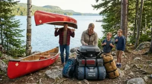 Stylized illustration of lightweight portable gas BBQ gear packed for a Canadian canoe portage trip.
