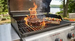 A portable gas grill under $500 being used at a Canadian lakeside campsite in the Rocky Mountains.