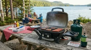 Illustration of a green-conscious portable gas BBQ for camping using a standard Canadian propane cylinder.