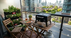 A portable propane BBQ setup on a small apartment balcony with a foldable side table for space-saving efficiency.
