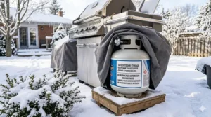Safe outdoor storage of a propane tank during a Canadian winter freeze with bilingual EN/FR safety labels visible.