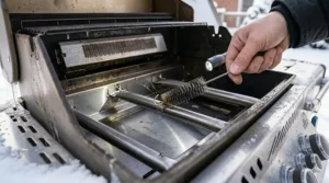 A diagram showing how to inspect burner tubes for debris as part of BBQ maintenance tips for Canadian winter.