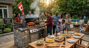 A photorealistic 4K detailed photograph captures a large backyard patio in Quebec, Canada, on a warm summer evening. The scene is centered around the built-in gas BBQ from image_0.png, which is actively smoking with burgers and specialized grilled items. A large group of happy, diverse friends and family (adults and children) are gathered closely, laughing, talking, and interacting, with drinks and plates in hand. The atmosphere is joyful and lively. In the background, there's a lush backyard with mature trees, a small pool, and a cozy fire pit. Warm, natural daylight filters through the trees, casting a golden glow. High detail on food textures, clothing, and stone. A 'BIENVENUE CHEZ LES BOIVIN' sign with a stylized maple leaf is near the house. A Canadian flag and a Fleur-de-lys are visible.