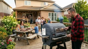 A backyard chef checking the internal meat temperature of their WiFi pellet smoker on a phone while watching a hockey game.