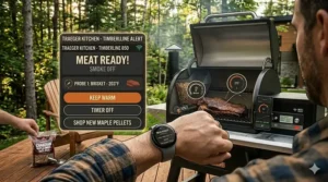 Alt text for image 9: Illustration of a "Meat Ready" notification on a smartwatch, highlighting the convenience of smart WiFi pellet grills.