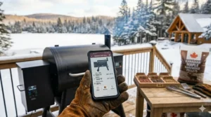 A hand holding a smartphone with a Wi-Fi grilling app, controlling the best pellet smoker remotely from inside a warm house.