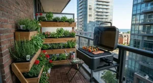 A small balcony BBQ area featuring a vertical herb garden and a compact rail-mounted grill for urban dwellers.
