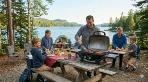A portable gas BBQ sitting on a wooden picnic table at a Canadian National Park campsite.