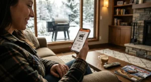 A photorealistic illustration showing a user in a cozy Canadian living room monitoring a Traeger pellet grill through the WiFIRE smartphone app, with a snowy backyard visible outside.