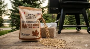 A photorealistic illustration of a bag of Traeger maple wood pellets on a weathered Canadian wood deck, with the unique pellets pouring out near the pellet grill.
