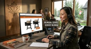 A photorealistic illustration of a Traeger pellet grill customer support agent in Canada, with a screen showing bilingual English and French service options, in warm natural light.