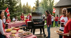 A photorealistic illustration of a diverse Canadian family and friends celebrating Canada Day in a backyard with a specific Traeger pellet grill under soft, warm natural light.