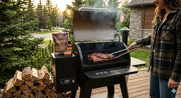 A photorealistic image of a woman in flannel grilling a brisket on a Traeger pellet grill in a Canadian backyard at sunset, with a Canadian flag visible.